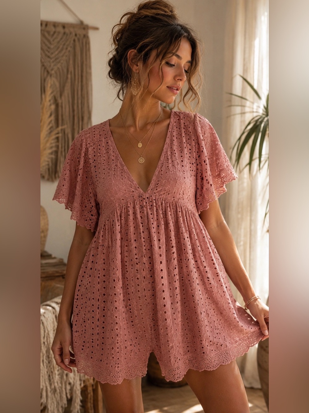 Mustard Seed Eyelet Romper Dress Cottagecore Boho Blush Pink Small